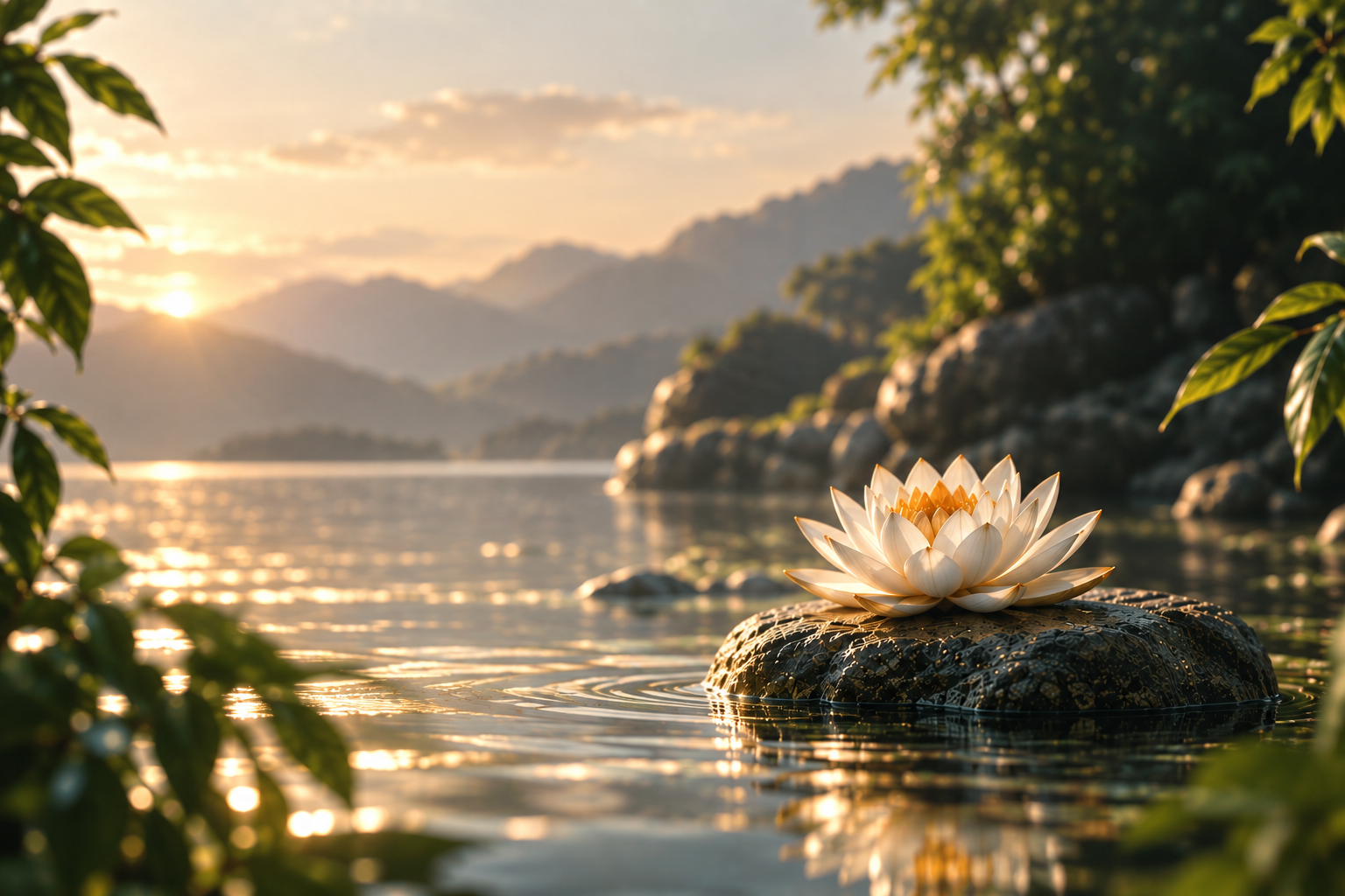 A white lotus resting on a rock in a sunlit mountain lake